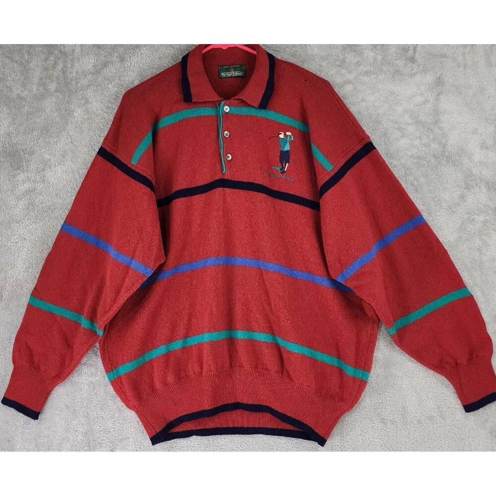 The Scotch House Sweater Mens Large Red Striped Embroidered Golfer Vintage Wool